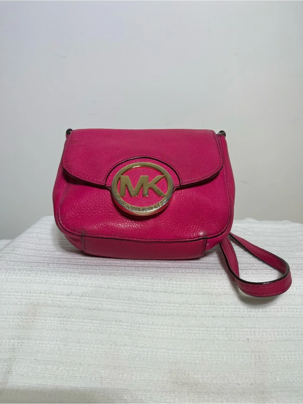 Michael Kors Hot Pink Pebbled Leather MK Logo Crossbody Bag